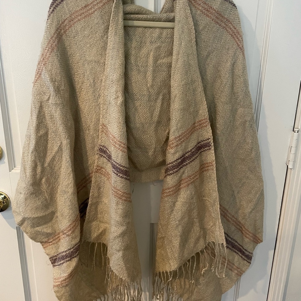 Beige Striped Fringe Shawl